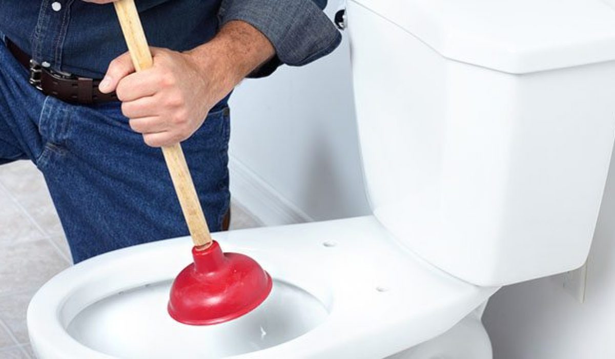 Plumber with a toilet plunger next to toilet